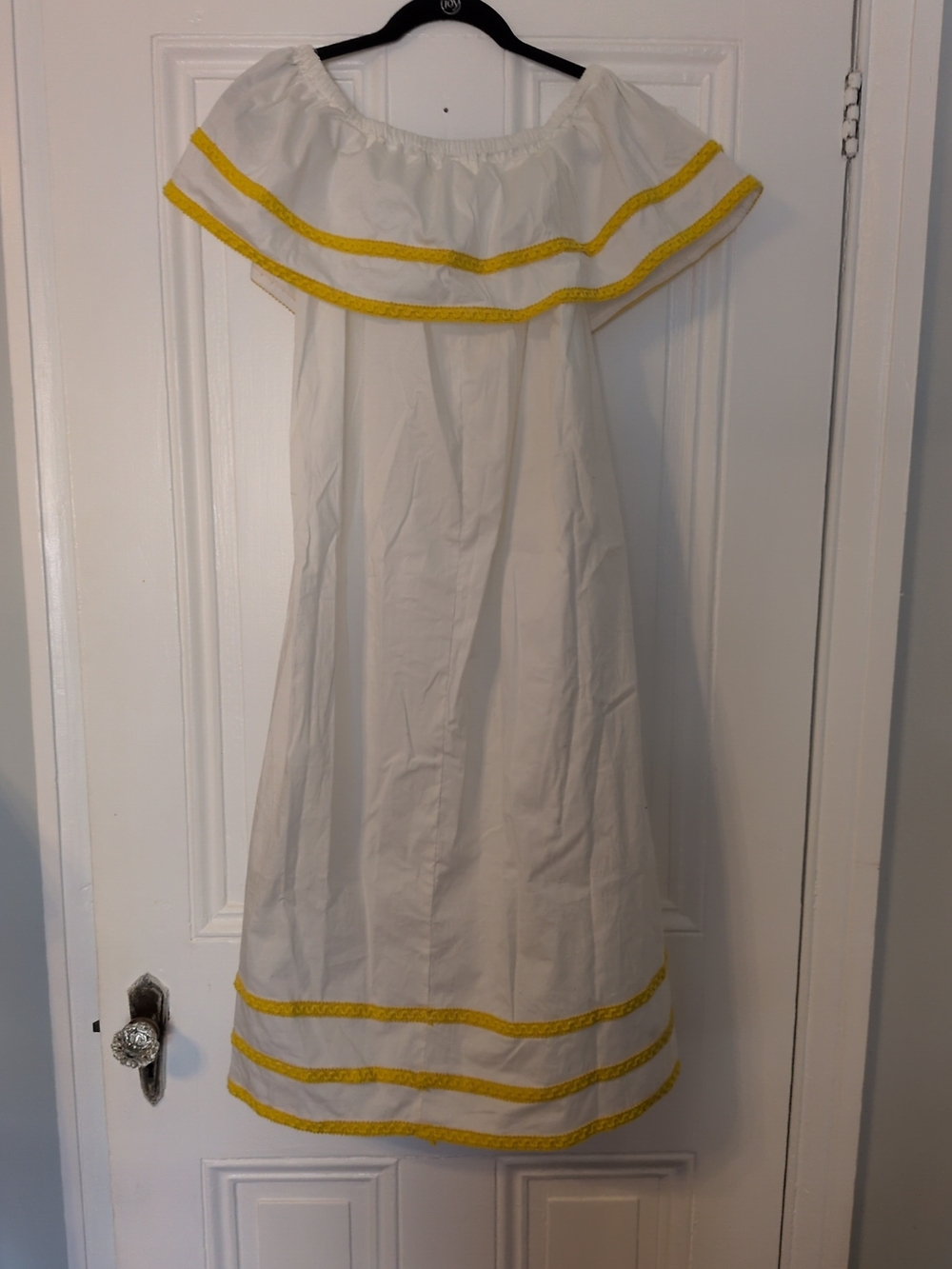 White Off-Shoulder Dress with Yellow Trim
